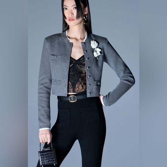 Self-Portrait Sweaters - NEW Self-Portrait Gray crochet-flower button Cropped Long Sleeve Cardigan, S